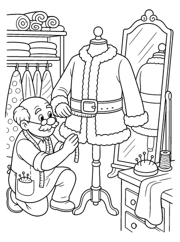 Sastre arrodillado midiendo el traje de Papá Noel en un maniquí con cinta métrica