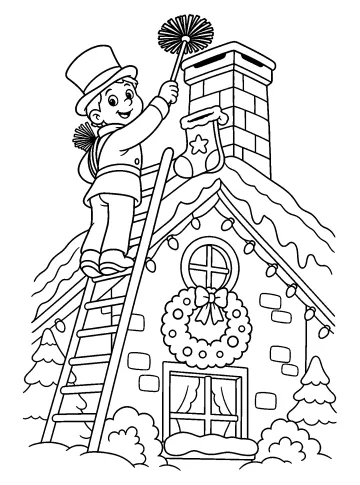 Ramoneur sur une échelle nettoyant une cheminée d'une maison enneigée avec une couronne de Noël