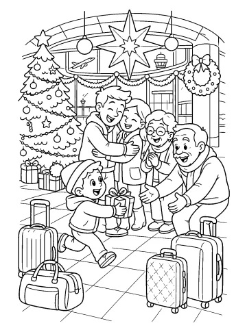 Familia reunida en un aeropuerto decorado por Navidad con árbol, regalos y maletas