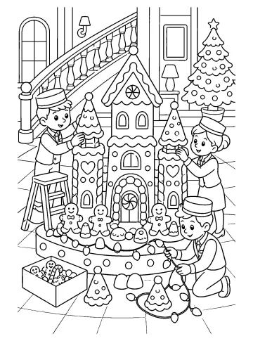 Personal del hotel junto a un gran castillo de jengibre con galletas, luces y árbol de Navidad en el vestíbulo