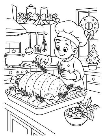 Chef sonriente con gorro alto preparando un gran asado en una bandeja con verduras y ramitas aromáticas en una cocina navideña.