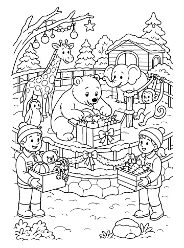 Disegno da colorare con un orso davanti a una scatola di frutta, animali dello zoo e addetti con doni natalizi.