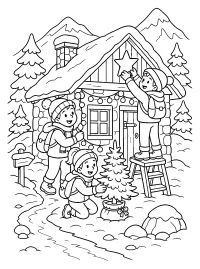 Bambini decorano un rifugio di montagna disegno da colorare PDF gratis