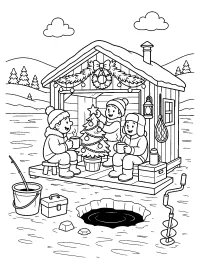 Bambini nel capanno da pesca natalizio disegno da colorare PDF gratis