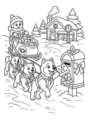 Tre cani da slitta trainano una slitta postale con lettere nella neve, accanto a una cassetta decorata.