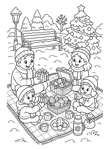 Bambini seduti su una coperta durante un picnic di Natale con dolci, regali, thermos e albero decorato.