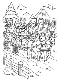 Carro natalizio con cantori e cavalli disegno da colorare PDF gratis