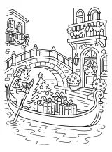 Gondola di Natale con albero e regali disegno da colorare PDF gratis
