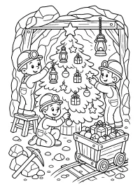 Minatori decorano l'albero di Natale disegno da colorare PDF gratis
