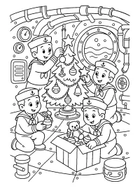 Marinai decorano l'albero nel sommergibile disegno da colorare PDF gratis