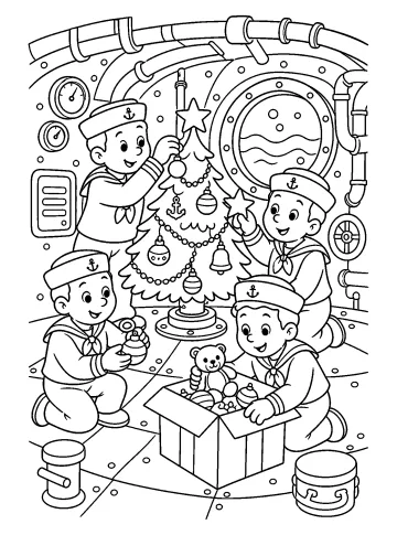 Marineros dentro de un submarino decoran un pequeño árbol de Navidad junto a una ventanilla con peces y una caja de adornos.
