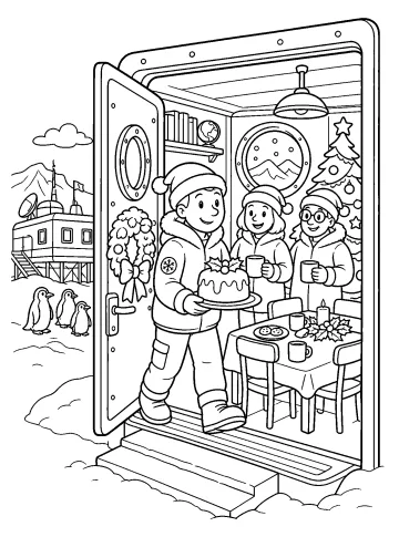 Disegno da colorare di ricercatori che festeggiano il Natale in una stazione antartica con torta, albero e pinguini fuori.